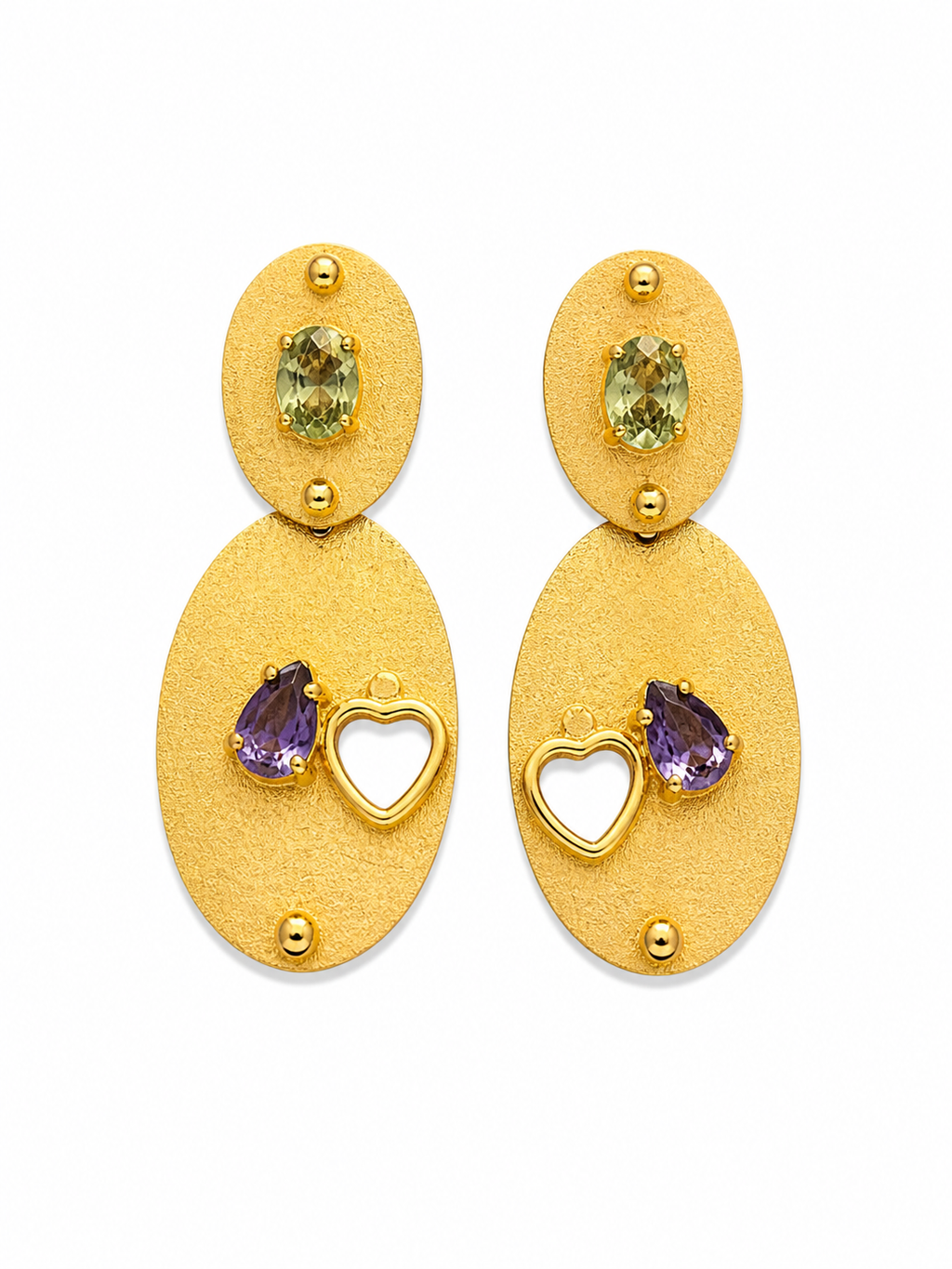 Gold Oval Statement Earrings with Green & Purple Gemstones | Heart Charm Designer Earrings