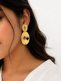 Gold Oval Statement Earrings with Green & Purple Gemstones | Heart Charm Designer Earrings