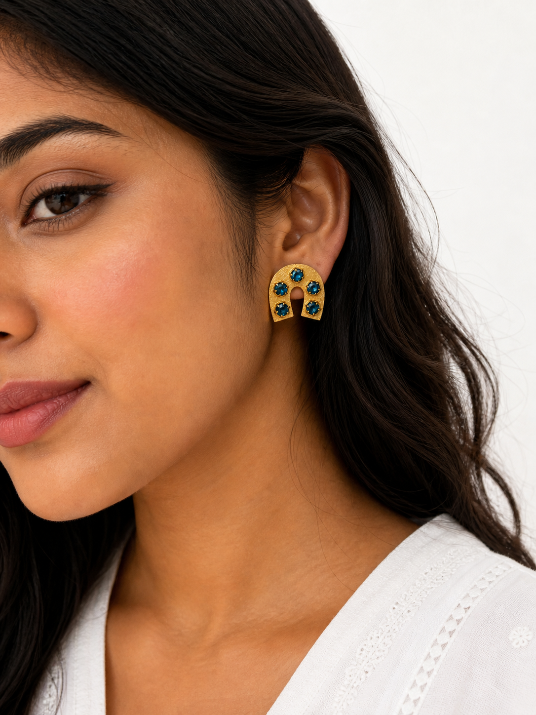 Gold Arch Statement Earrings with Crystal Stones | Purple & Teal Designer Earrings