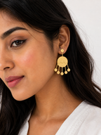 Gold Disc Statement Earrings with Dangling Charms | Textured Boho Designer Earrings