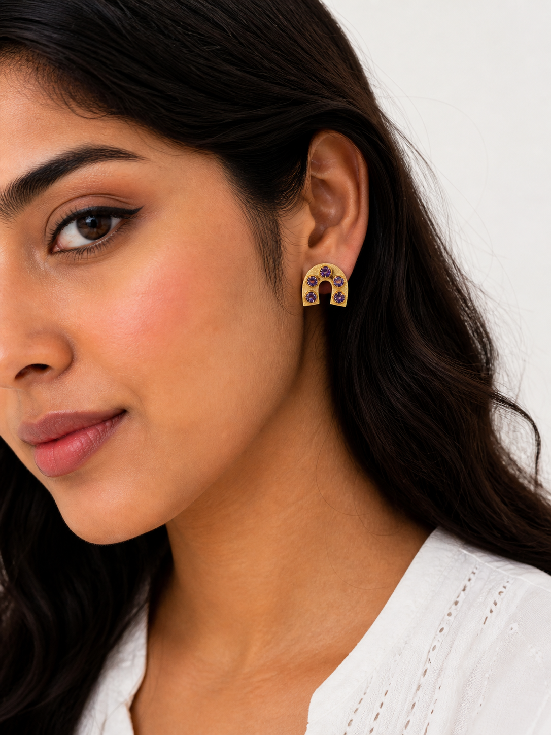 Gold Arch Statement Earrings with Crystal Stones | Purple & Teal Designer Earrings