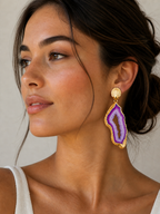 Gold Shell Drop Earrings with Natural Stone Slice | White & Purple Statement Earrings