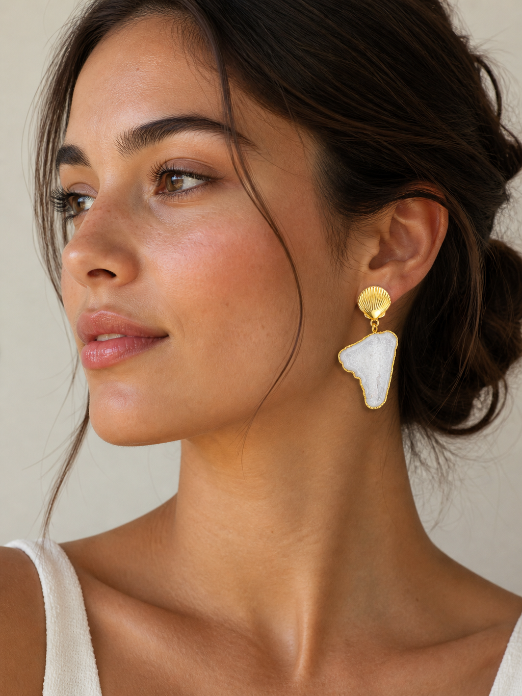Gold Shell Drop Earrings with Natural Stone Slice | White & Purple Statement Earrings