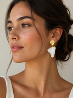 Gold Shell Drop Earrings with Natural Stone Slice | White & Purple Statement Earrings