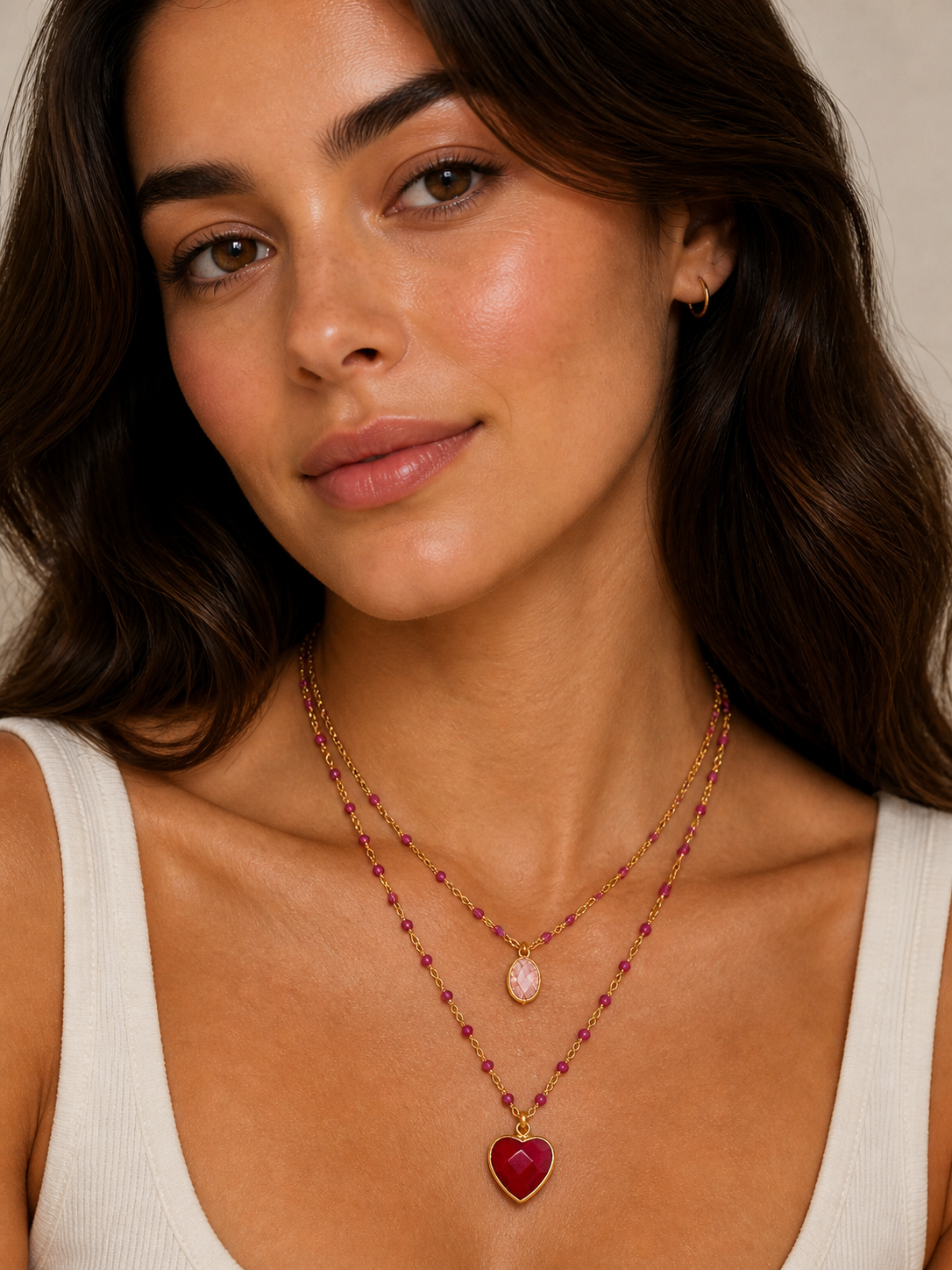 Luna Heart Natural Stone Layered Necklace – Gold Plated Double Layer Necklace