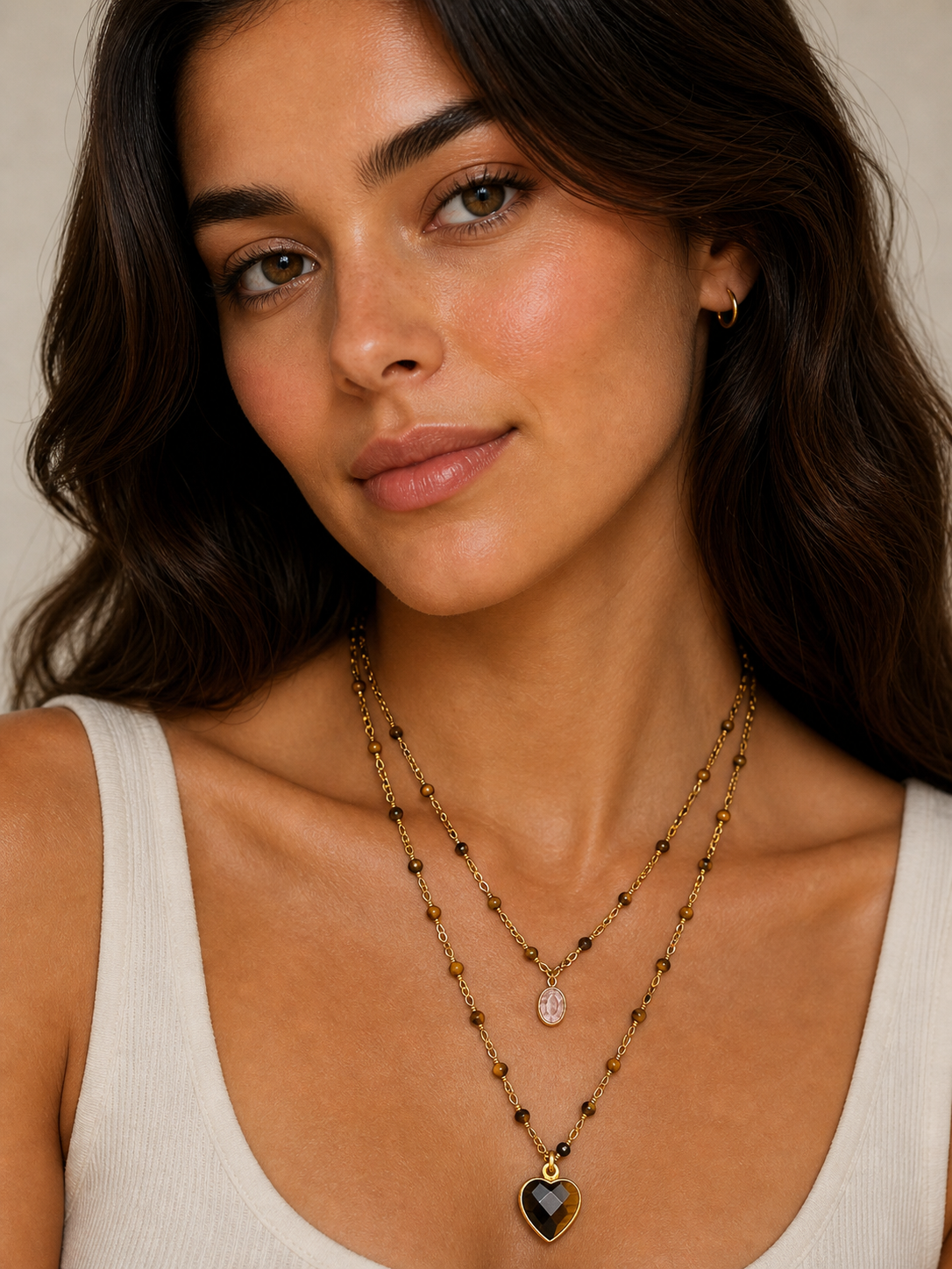 Luna Heart Natural Stone Layered Necklace – Gold Plated Double Layer Necklace