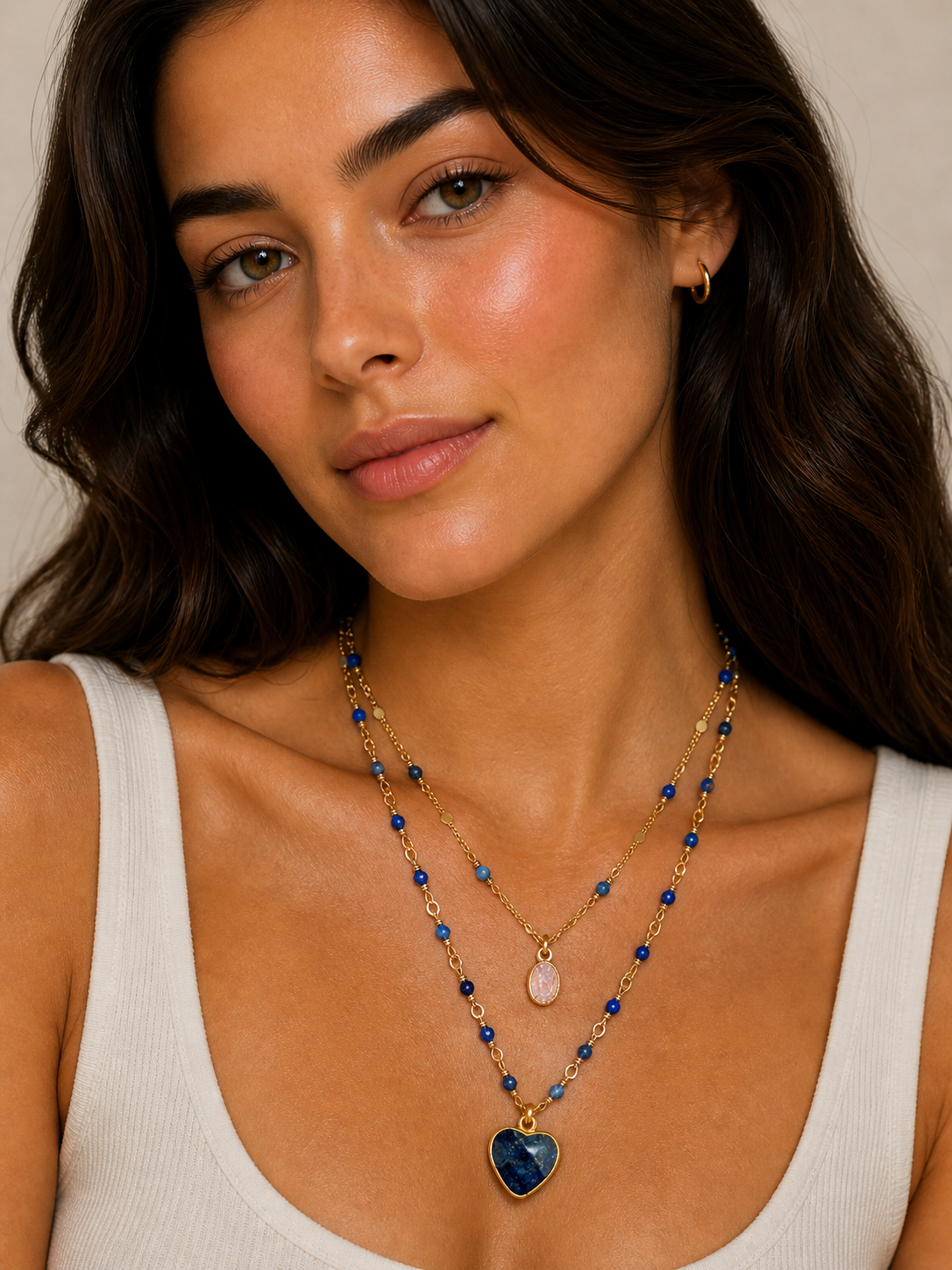 Luna Heart Natural Stone Layered Necklace – Gold Plated Double Layer Necklace