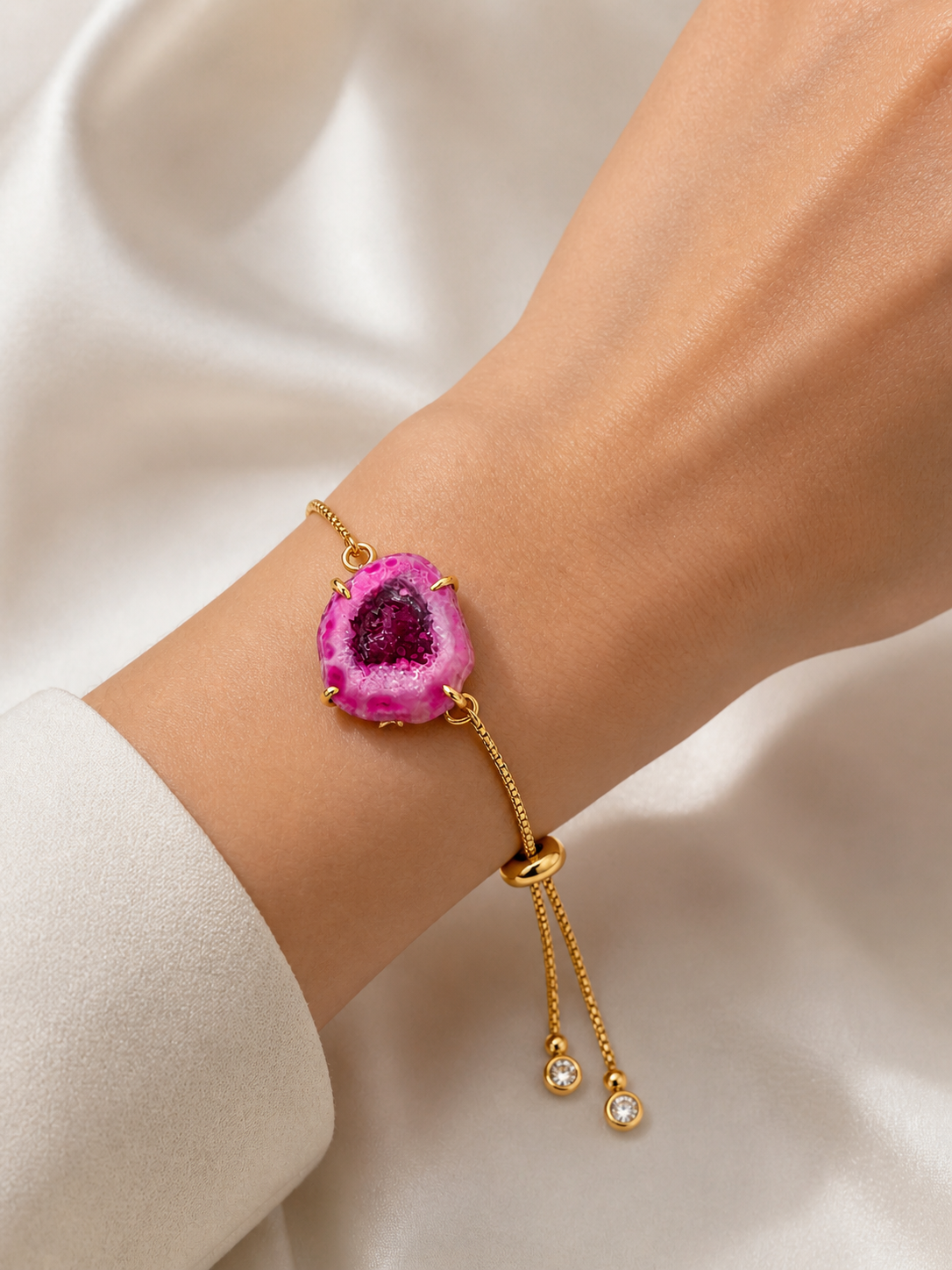 Gold Adjustable Bracelet with Natural Stone | White & Purple Druzy Statement Bracelet