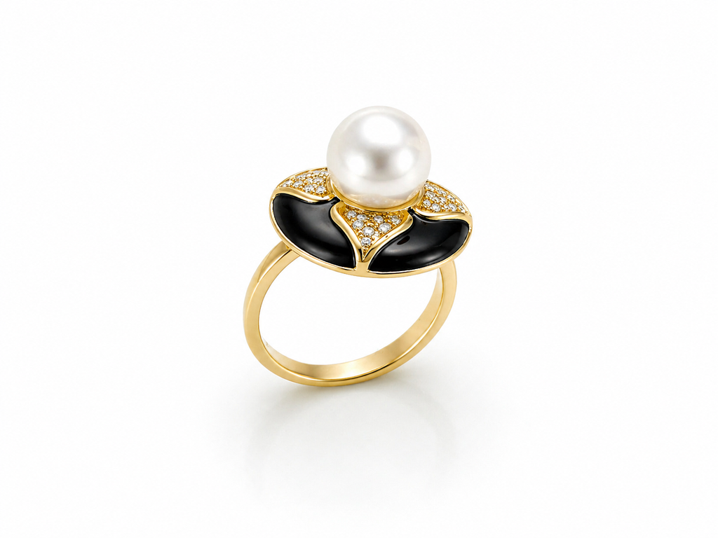 Aura Bloom Pearl Statement Ring – Gold Plated Floral Design | Black & White Enamel Luxury Ring