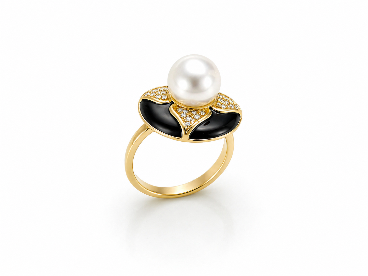 Aura Bloom Pearl Statement Ring – Gold Plated Floral Design | Black & White Enamel Luxury Ring