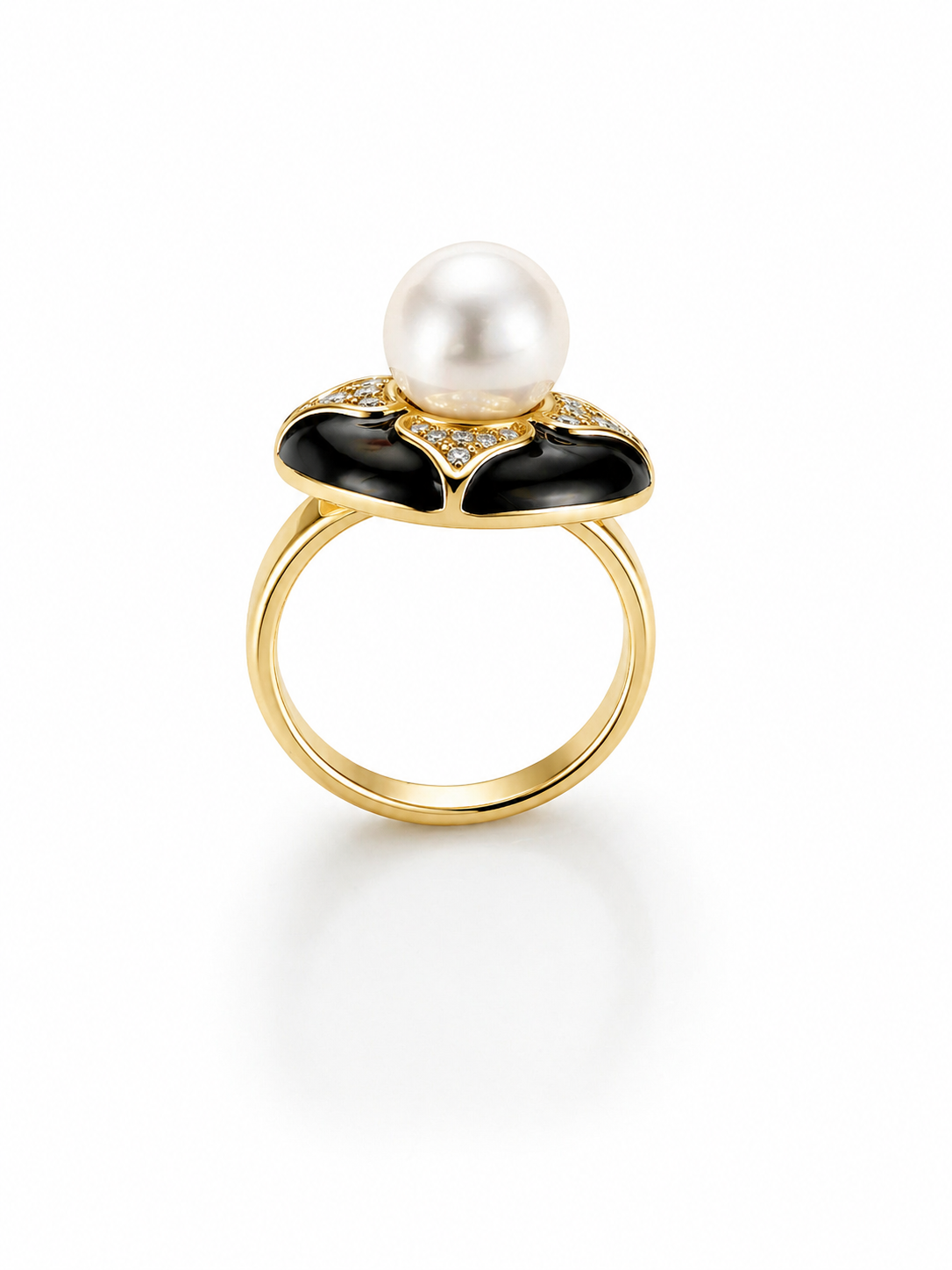 Aura Bloom Pearl Statement Ring – Gold Plated Floral Design | Black & White Enamel Luxury Ring
