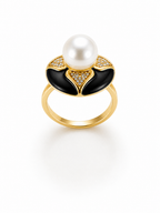 Aura Bloom Pearl Statement Ring – Gold Plated Floral Design | Black & White Enamel Luxury Ring