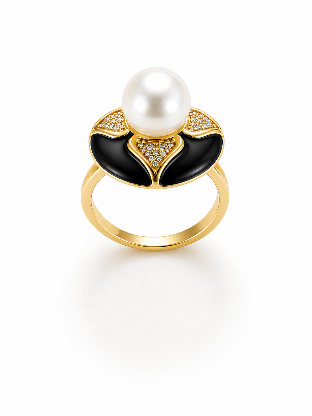 Aura Bloom Pearl Statement Ring – Gold Plated Floral Design | Black & White Enamel Luxury Ring