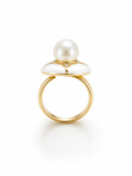 Aura Bloom Pearl Statement Ring – Gold Plated Floral Design | Black & White Enamel Luxury Ring