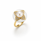 Aura Bloom Pearl Statement Ring – Gold Plated Floral Design | Black & White Enamel Luxury Ring