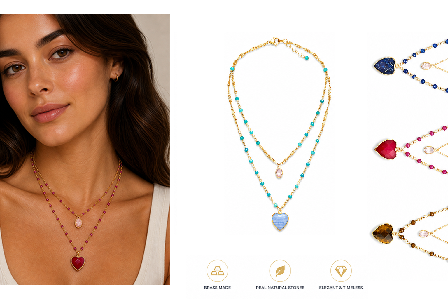 Luna Heart Natural Stone Layered Necklace – Gold Plated Double Layer Necklace