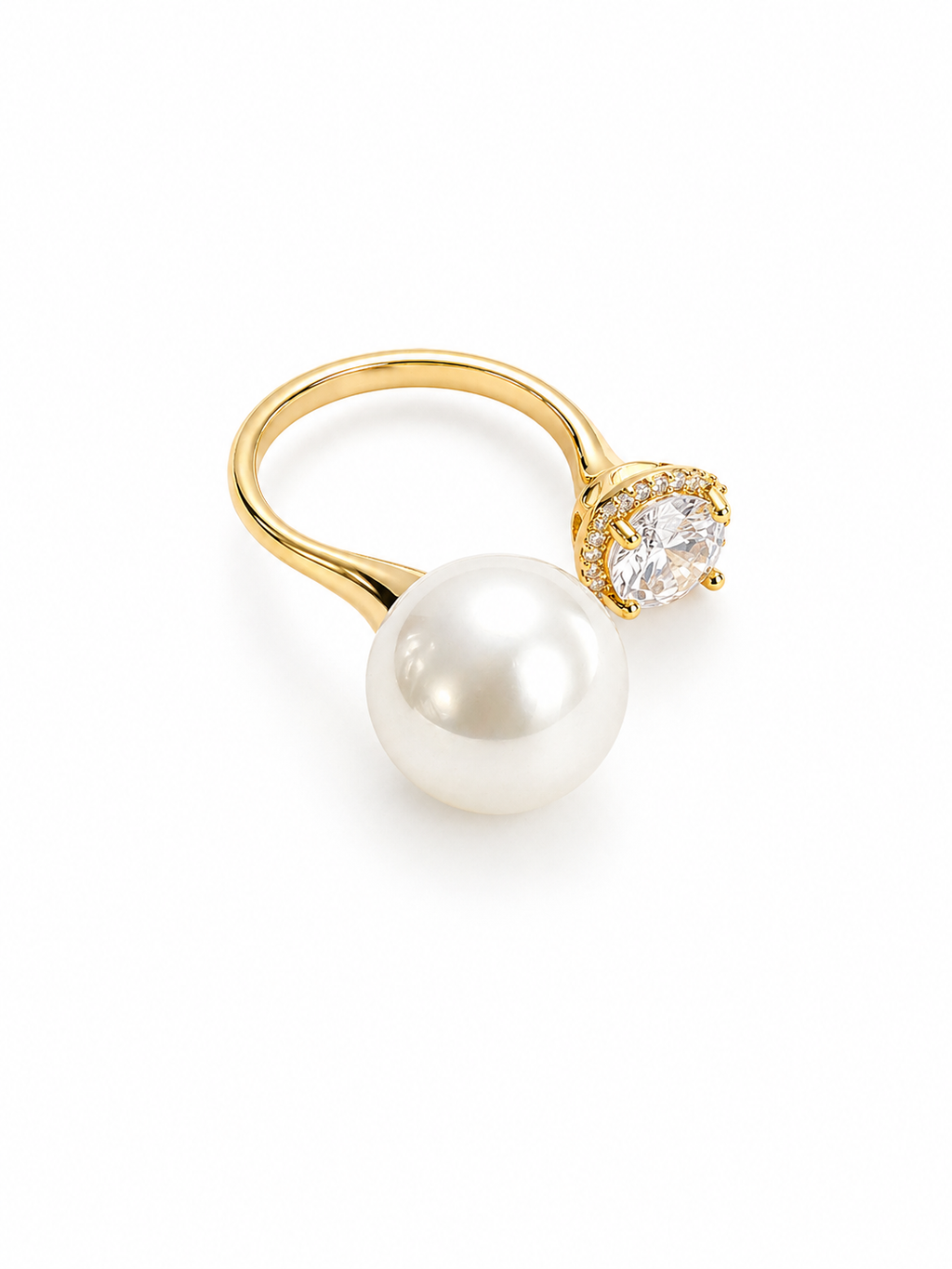 Celestial Dual Pearl & Crystal Ring – Gold Plated Open Ring for Women | Adjustable Statement Ring