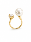 Celestial Dual Pearl & Crystal Ring – Gold Plated Open Ring for Women | Adjustable Statement Ring