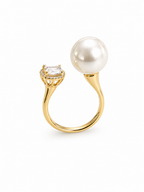 Celestial Dual Pearl & Crystal Ring – Gold Plated Open Ring for Women | Adjustable Statement Ring