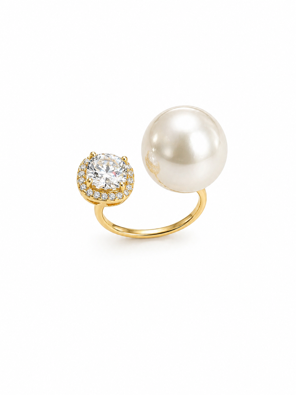 Celestial Dual Pearl & Crystal Ring – Gold Plated Open Ring for Women | Adjustable Statement Ring