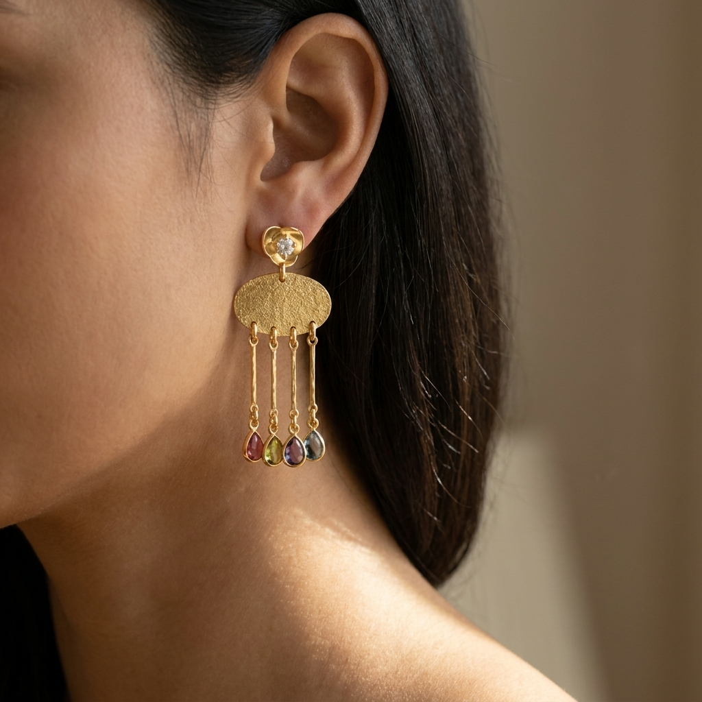 Gold Chandelier Earrings with Multicolor Gemstones