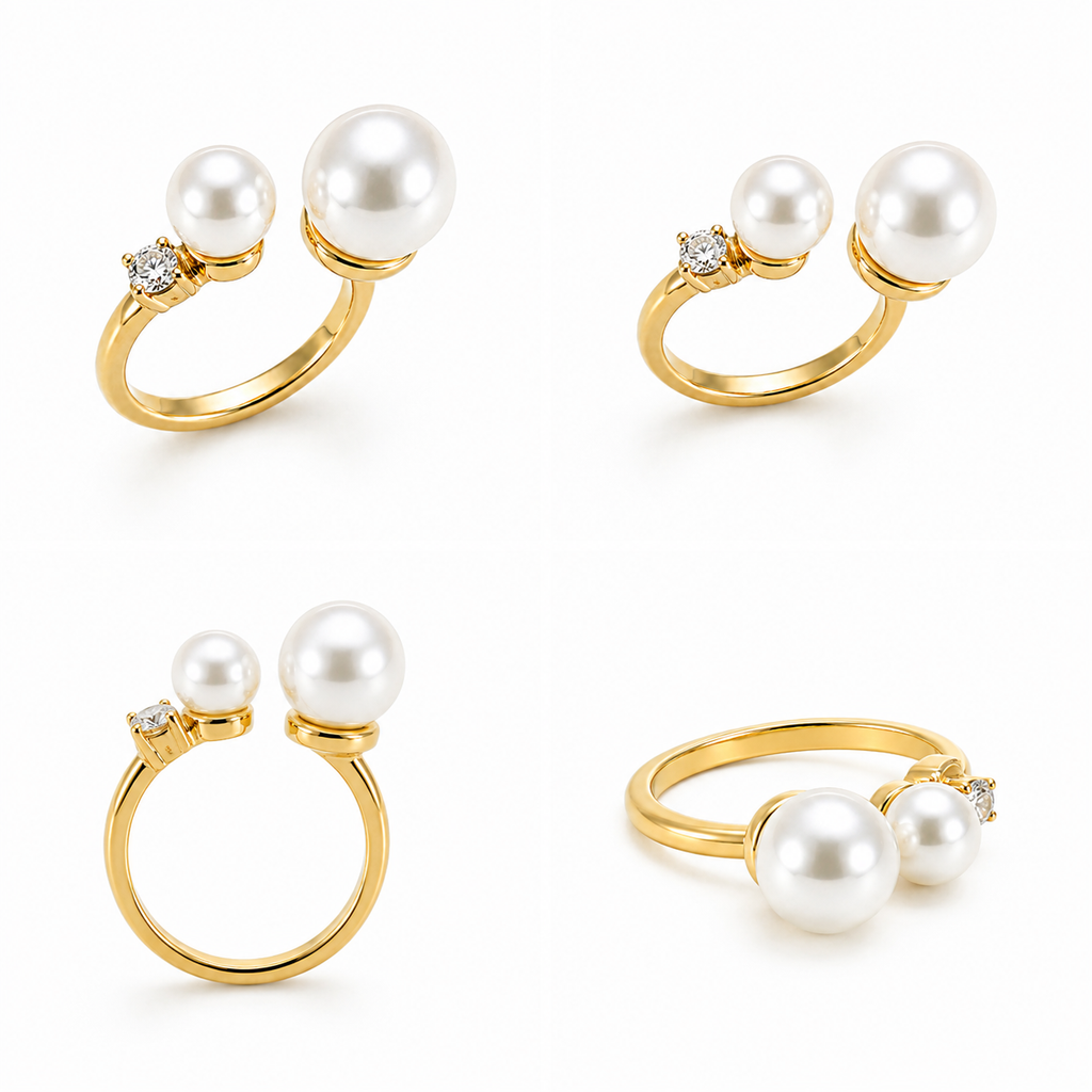 Duo Luxe Pearl Open Ring – Gold Plated Adjustable Pearl Statement Ring