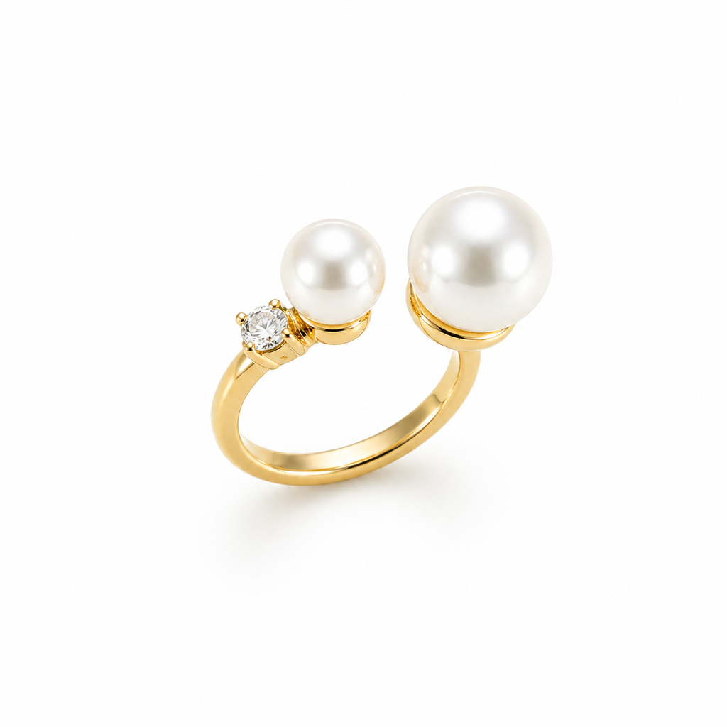 Duo Luxe Pearl Open Ring – Gold Plated Adjustable Pearl Statement Ring