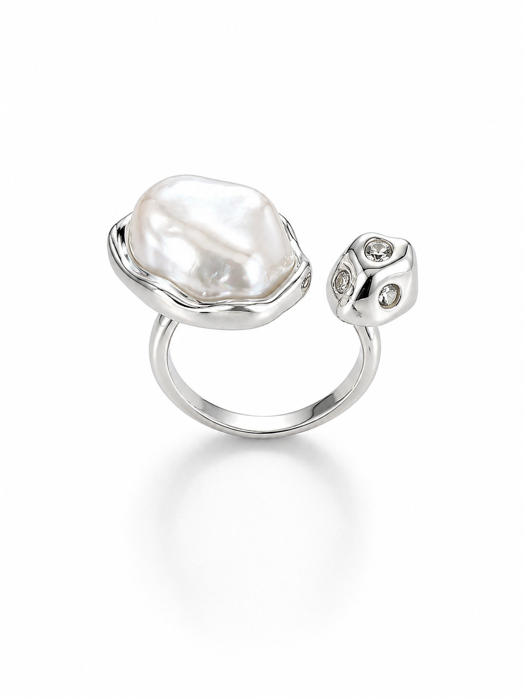 Eclipse Drift Baroque Pearl Ring – Silver Adjustable Statement Ring