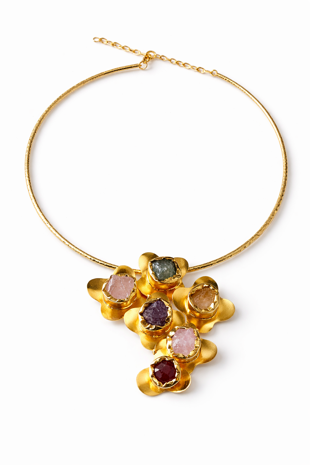Elegant gold statement necklace with raw gemstones