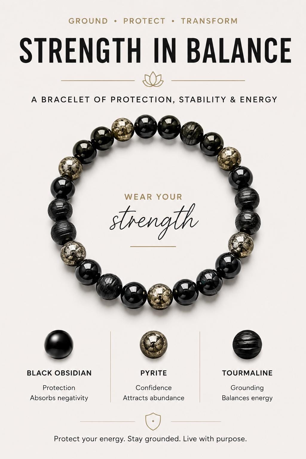 Protection & Manifestation Crystal Bracelet | Black Tourmaline Garnet | Pyrite Obsidian Tourmaline | Handmade Gemstone Jewelry