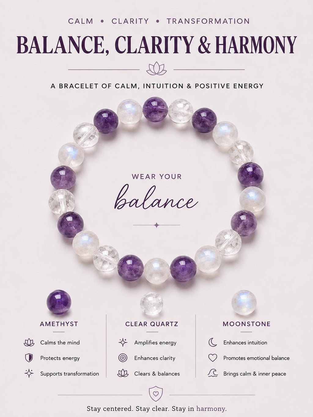 Moonstone Crystal Bracelet | Labradorite Moonstone | Clear Quartz Amethyst | Spiritual Healing Jewelry