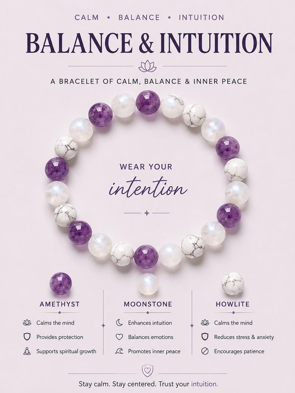 Howlite Moonstone Bracelet | Amethyst Crystal | Calming & Spiritual Healing Jewelry | Gemstone Bracelet
