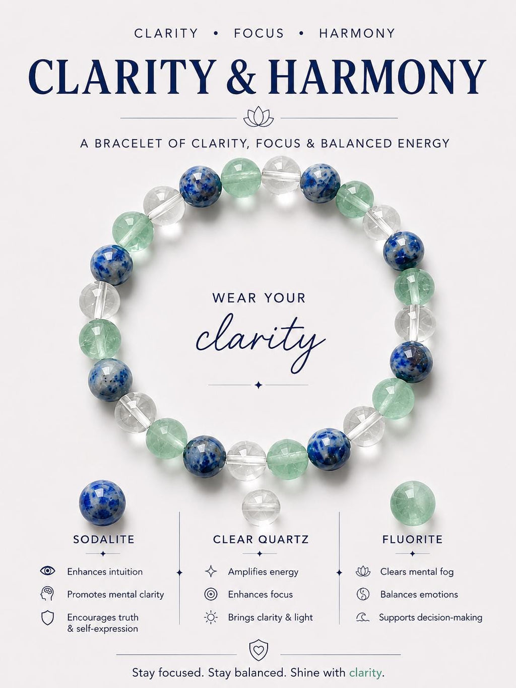 Sodalite Crystal Bracelet | Sodalite Clear Quartz Fluorite | Healing Gemstone Jewelry | Handmade Spiritual