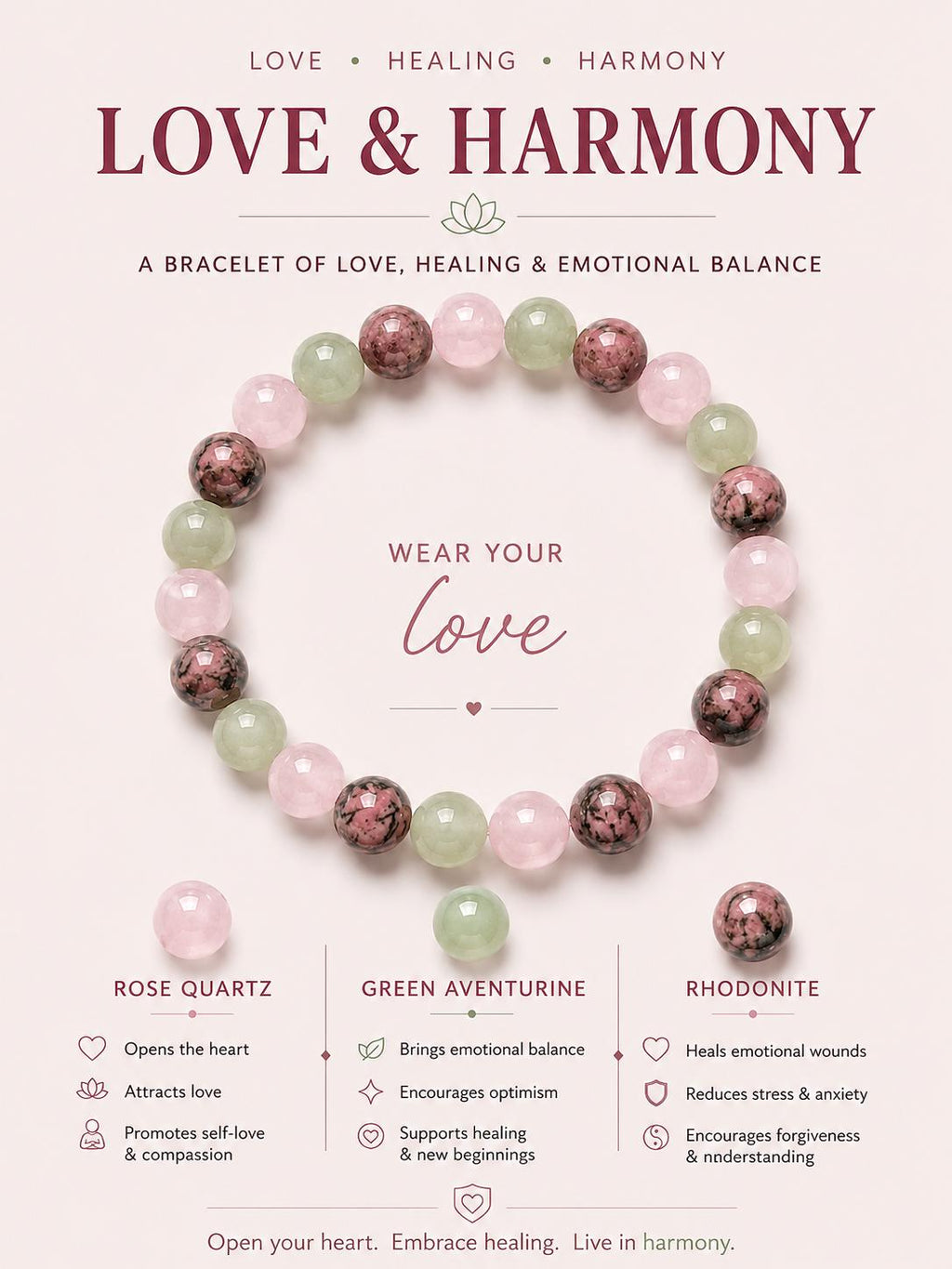 Rose Quartz, Rhodonite, Aventurine, Obsidian, Turquoise | Gemstone Bracelet