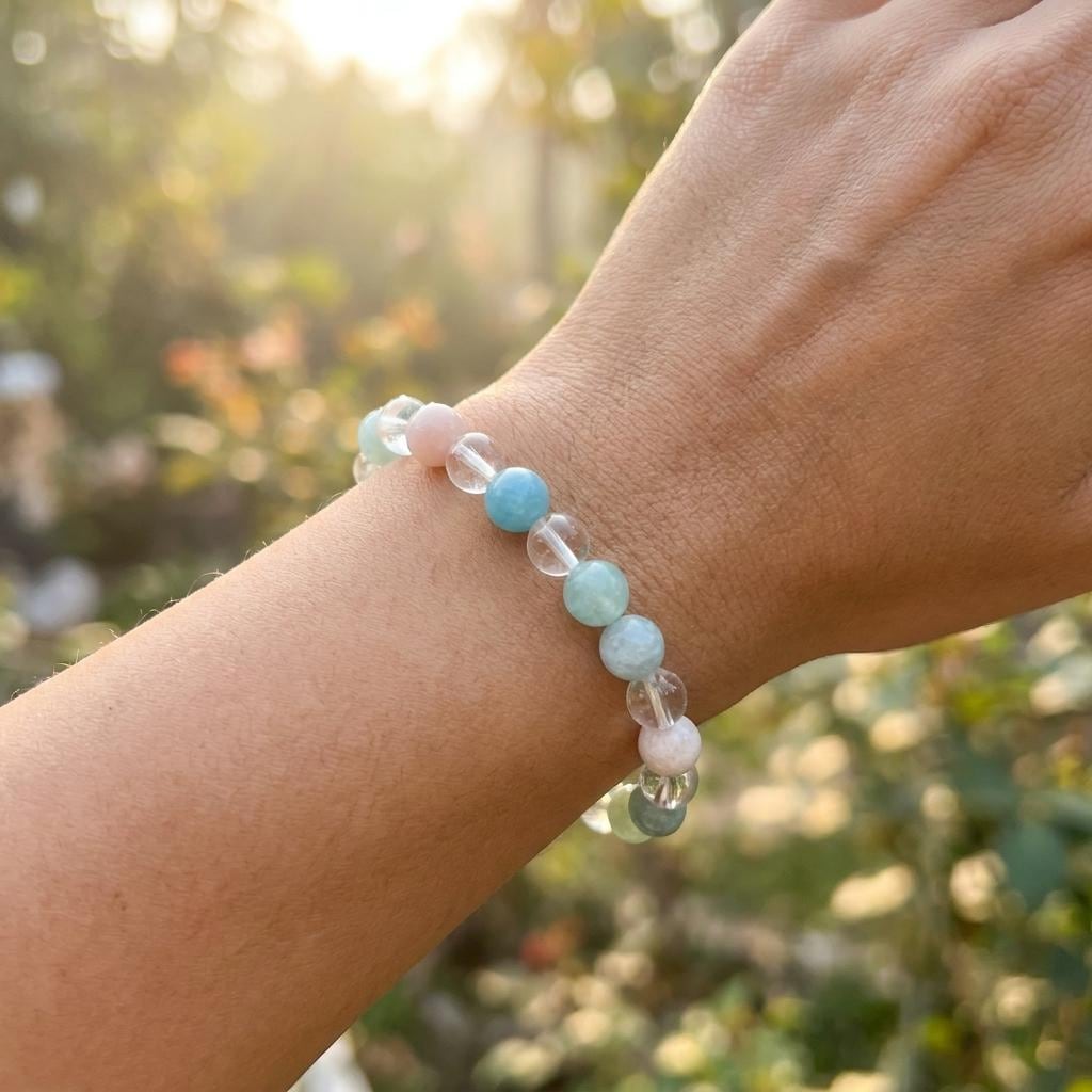 Aquamarine Clear Quartz Bracelet | Calming & Clarity Crystal | Healing Gemstone Jewelry | Handmade Spiritual