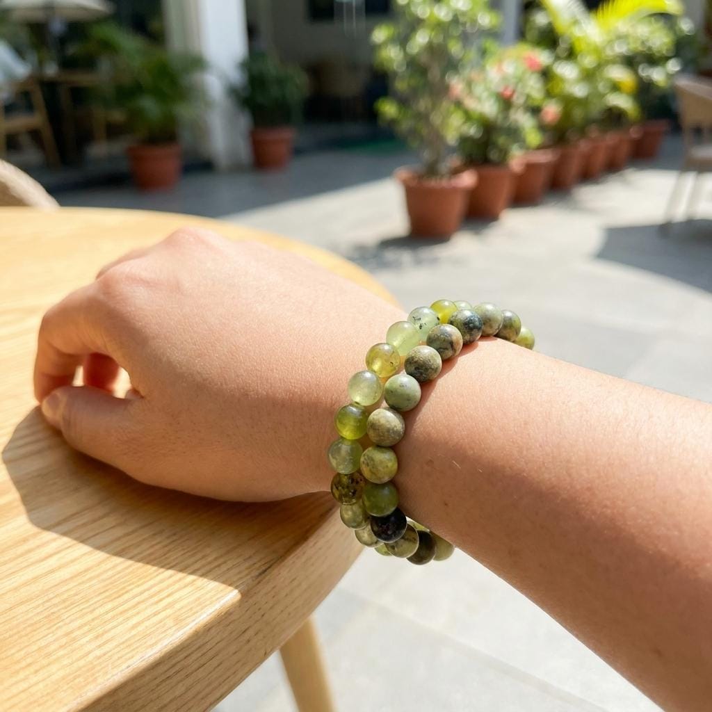Natural Gemstone Bead Bracelet | Prehnite & Serpentine Crystal Stretch | Healing Stone | Unisex Minimal Jewelry