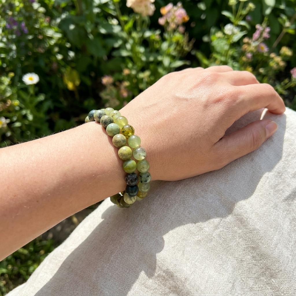 Natural Gemstone Bead Bracelet | Prehnite & Serpentine Crystal Stretch | Healing Stone | Unisex Minimal Jewelry