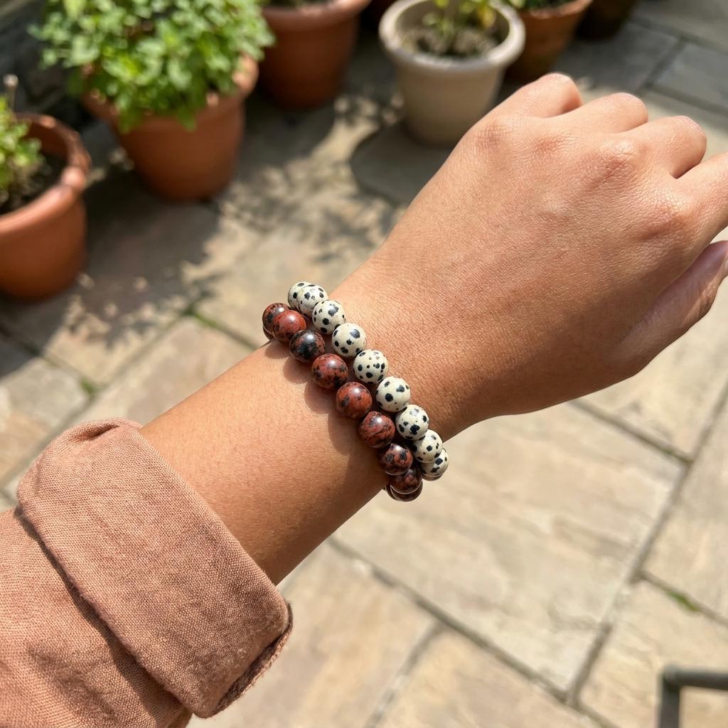 Natural Gemstone Bead | Mahogany Obsidian & Dalmatian Jasper Stretch Bracelet | Crystal Healing | Unisex Minimal Jewelry