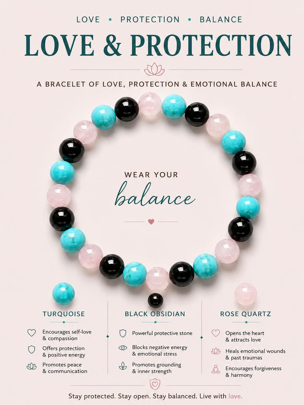 Rose Quartz, Rhodonite, Aventurine, Obsidian, Turquoise | Gemstone Bracelet