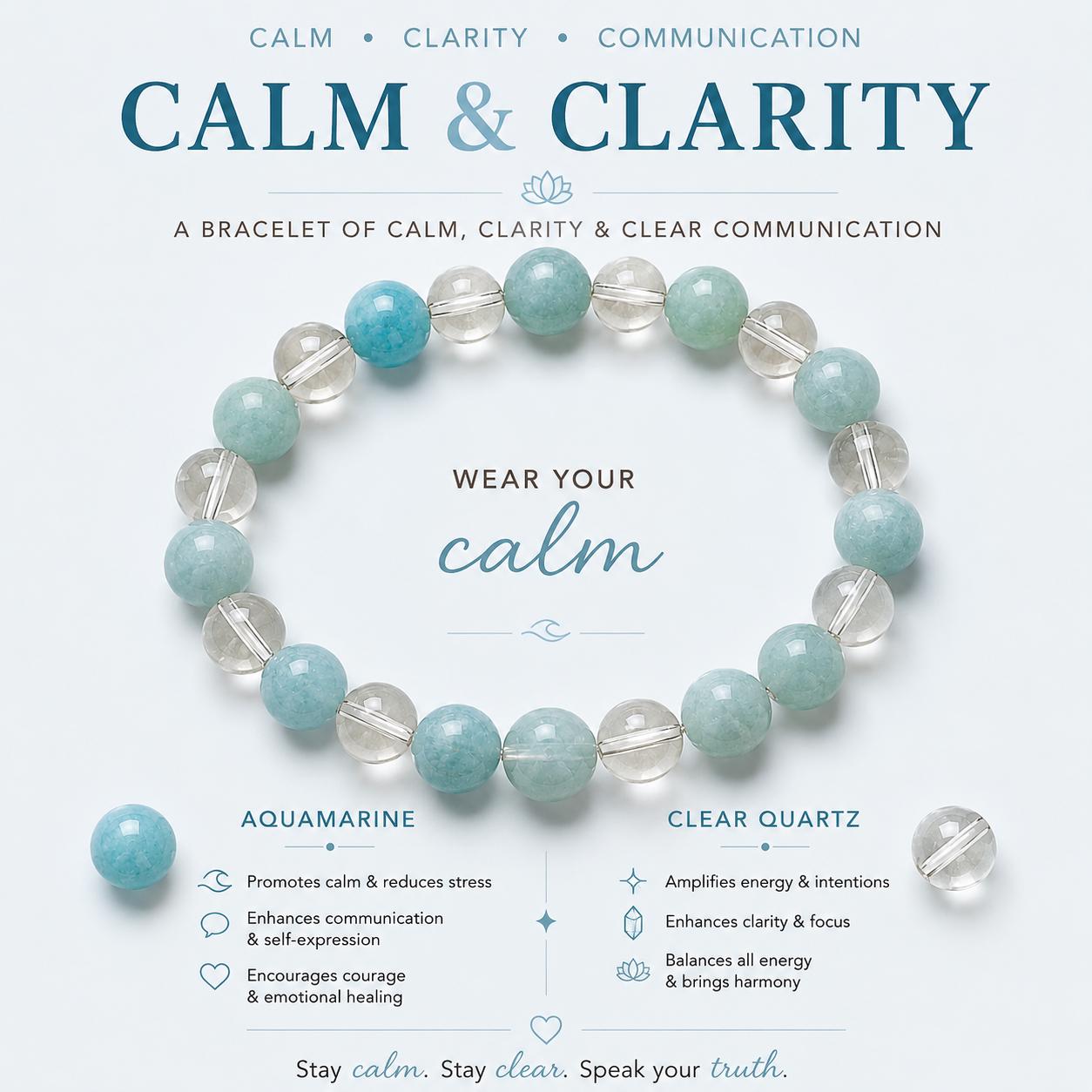 Aquamarine Clear Quartz Bracelet | Calming & Clarity Crystal | Healing Gemstone Jewelry | Handmade Spiritual
