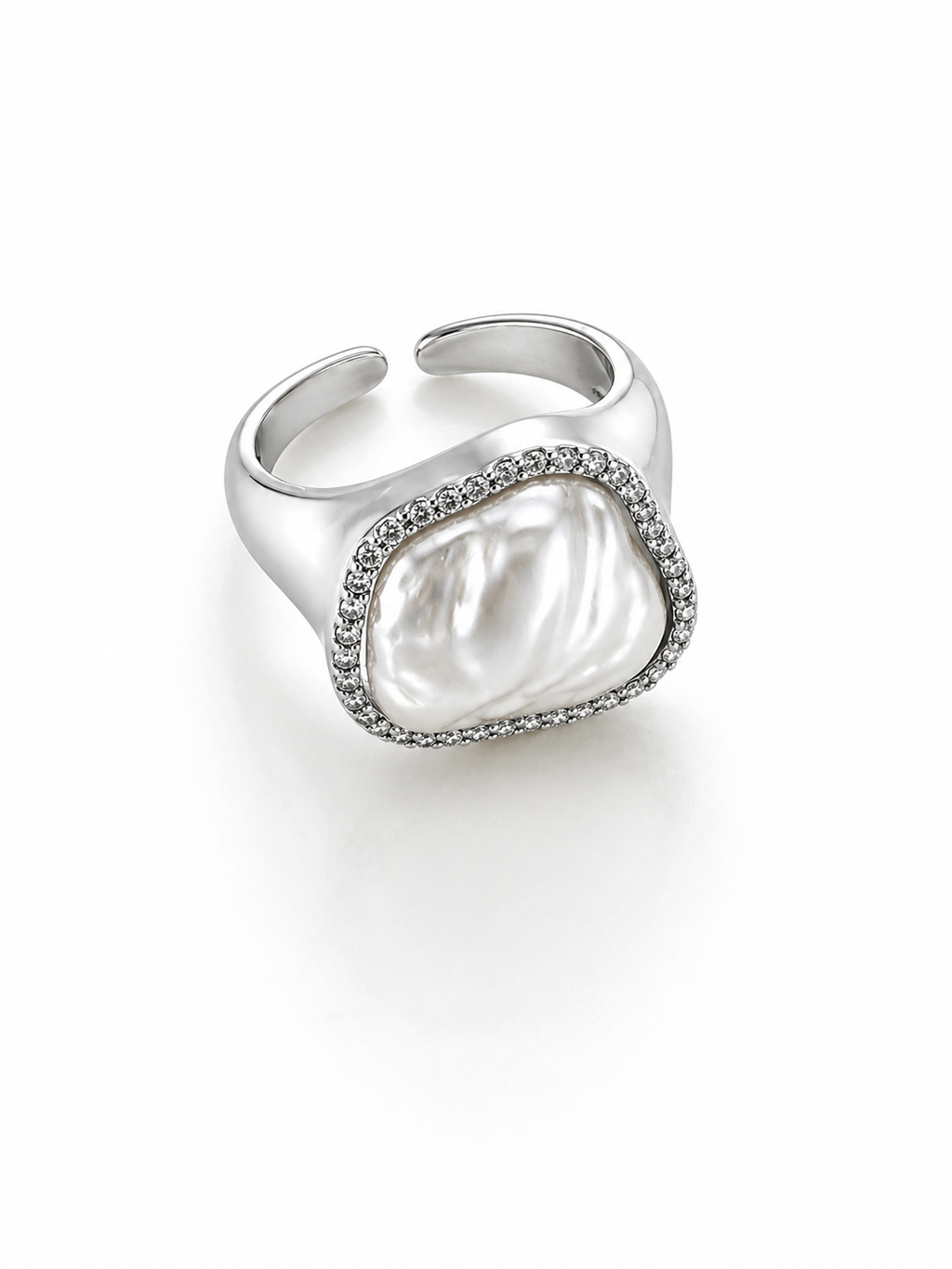 Nova Halo Baroque Pearl Ring – Silver Adjustable Statement Ring
