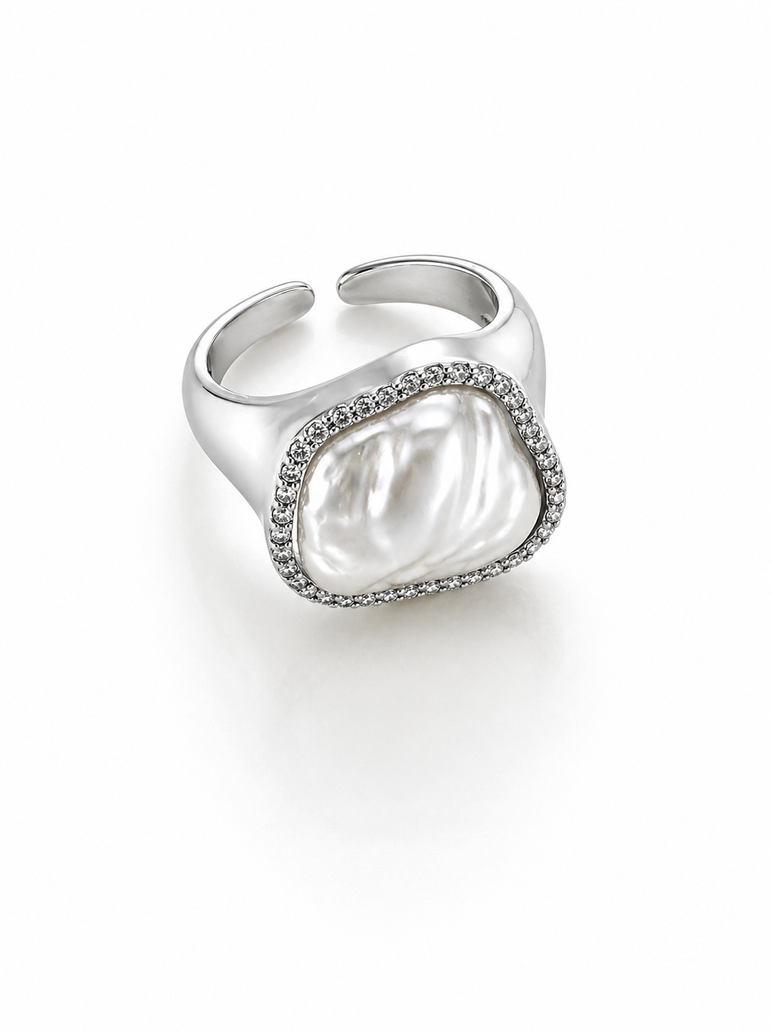 Nova Halo Baroque Pearl Ring – Silver Adjustable Statement Ring
