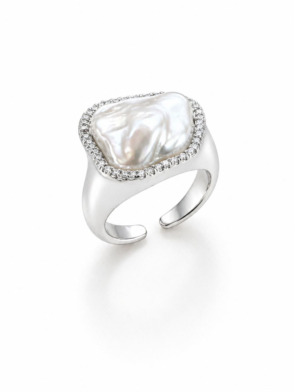 Nova Halo Baroque Pearl Ring – Silver Adjustable Statement Ring