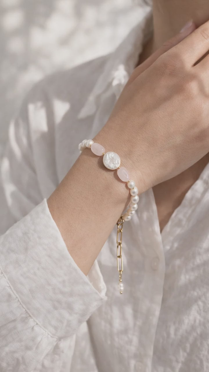 Mother of Pearl & Rose Quartz Bracelet – 18K Gold Plated Stainless Steel | Elegant Healing Crystal Jewelry for Women