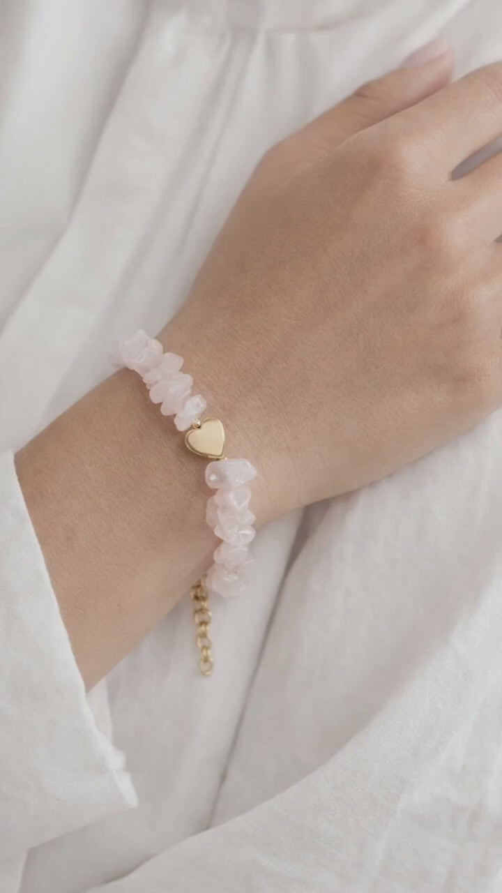 Rose Quartz Bracelet with Gold Heart Charm