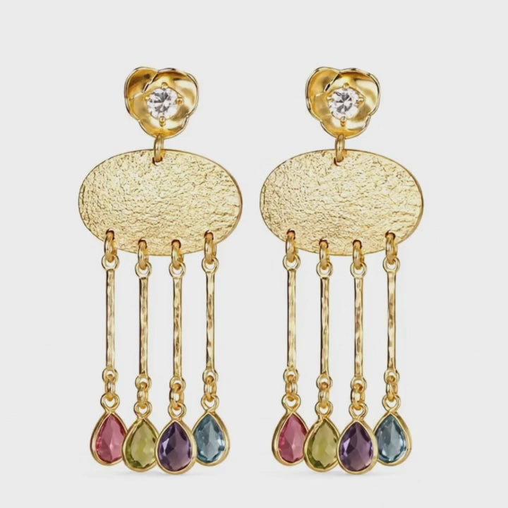Gold Chandelier Earrings with Multicolor Gemstones